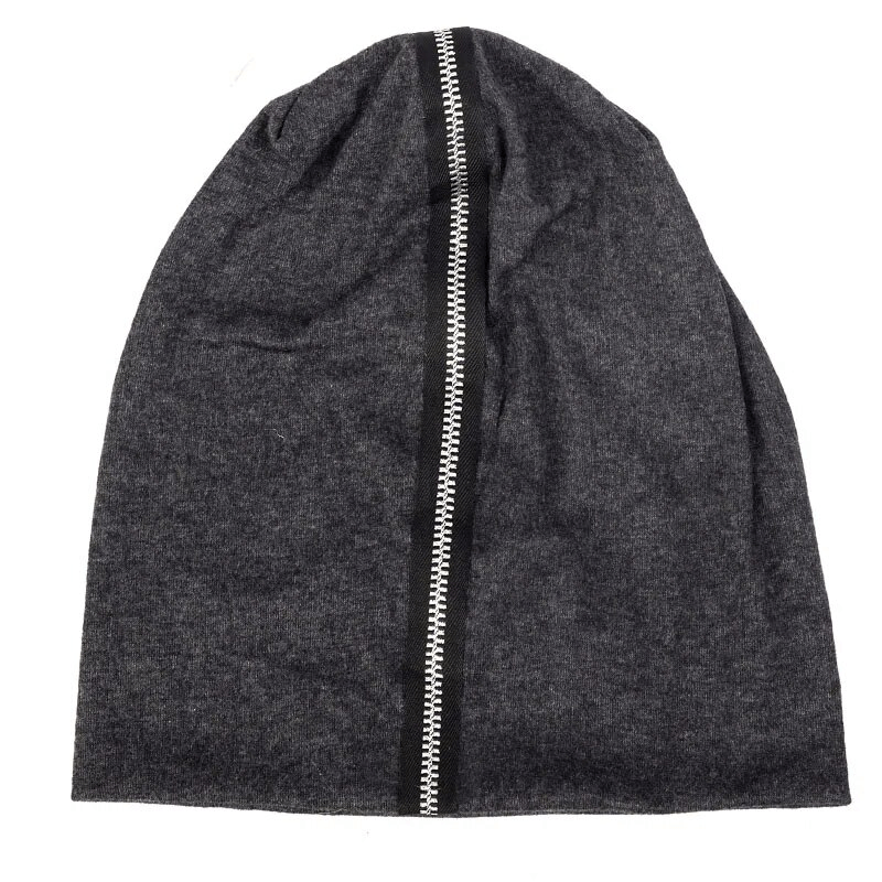 Stylish unisex cotton soft beanie with decorative zipper, geometric pattern. Warm, comfortable hat for 48-52cm head circumference.